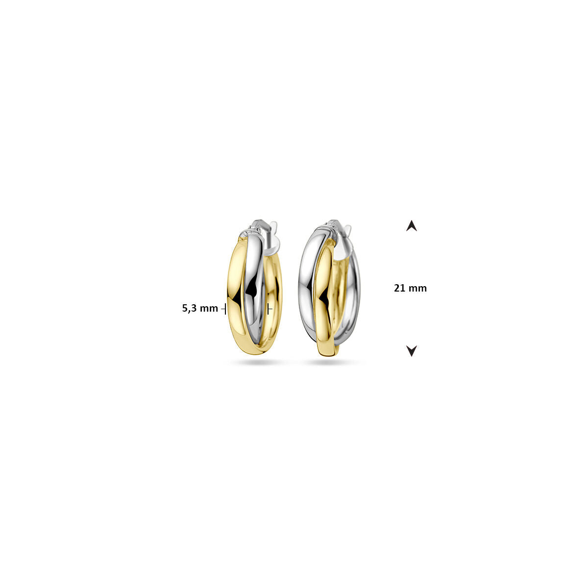 Van der Kooij Collectie oorringen 1 micron zilver verguld (geel/rhodium), getoond van voren en opzij. Afmetingen: 5,3 mm breed, 21 mm hoog. Witte achtergrond.