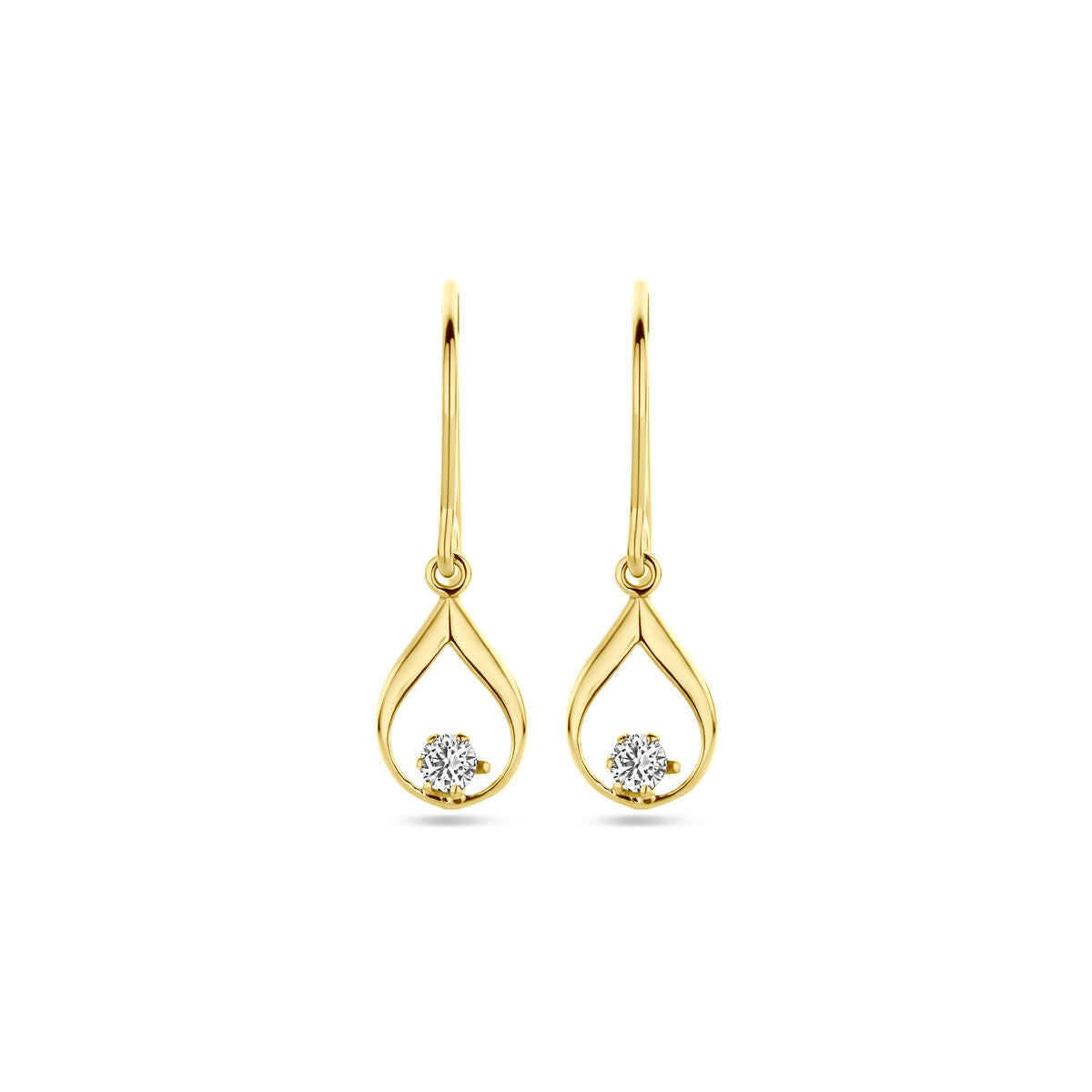 Pendientes largos de oro amarillo de 14K con zircón, en forma de gota de 23 mm.