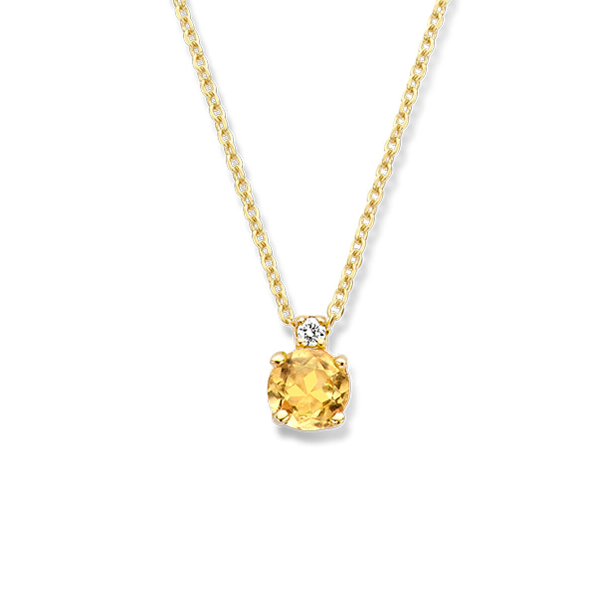 Collar de citrino con diamante de 0.015 ct, cadena de 40 cm en oro amarillo de 14K.