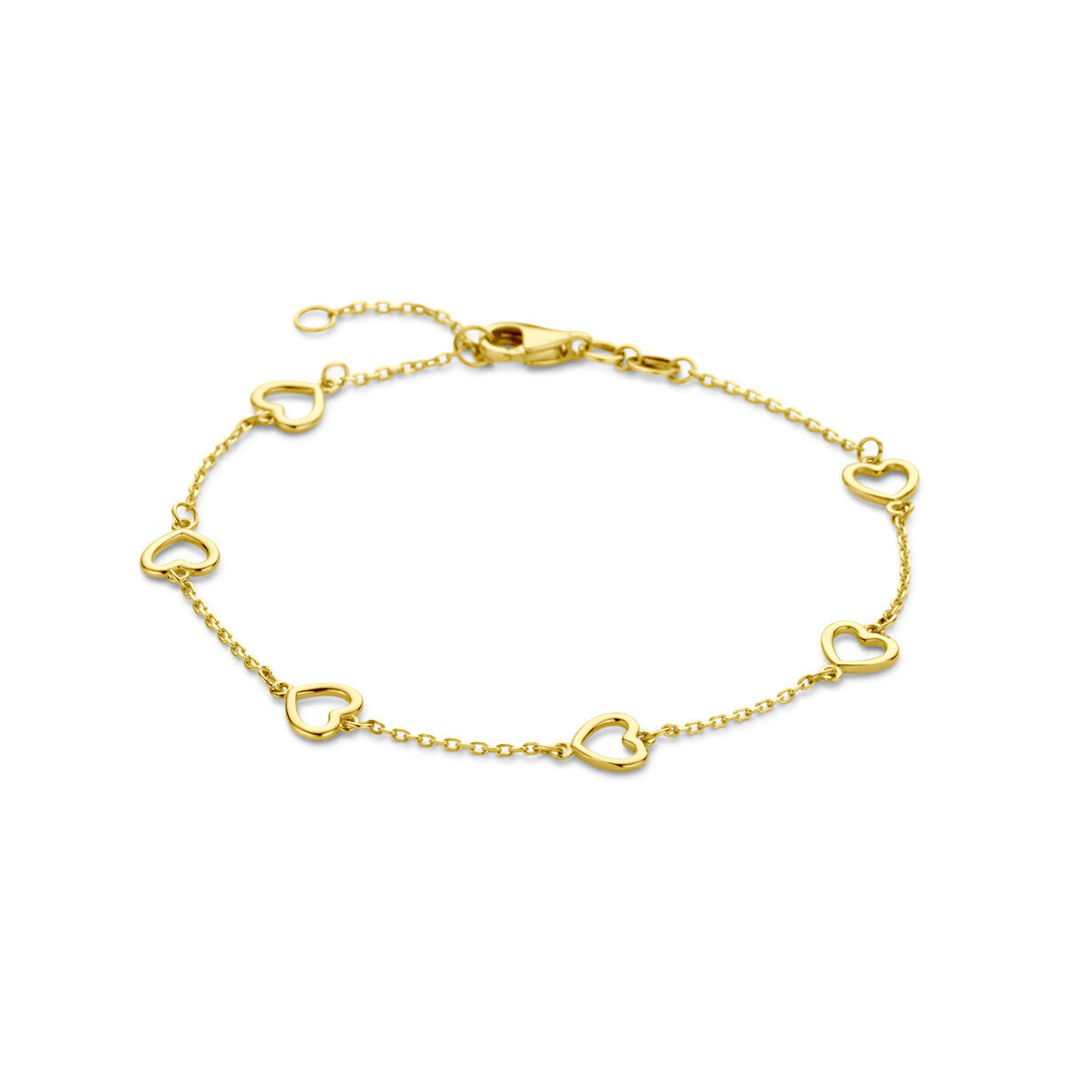 Pulsera dorada de corazones en 14K con eslabones delicados.