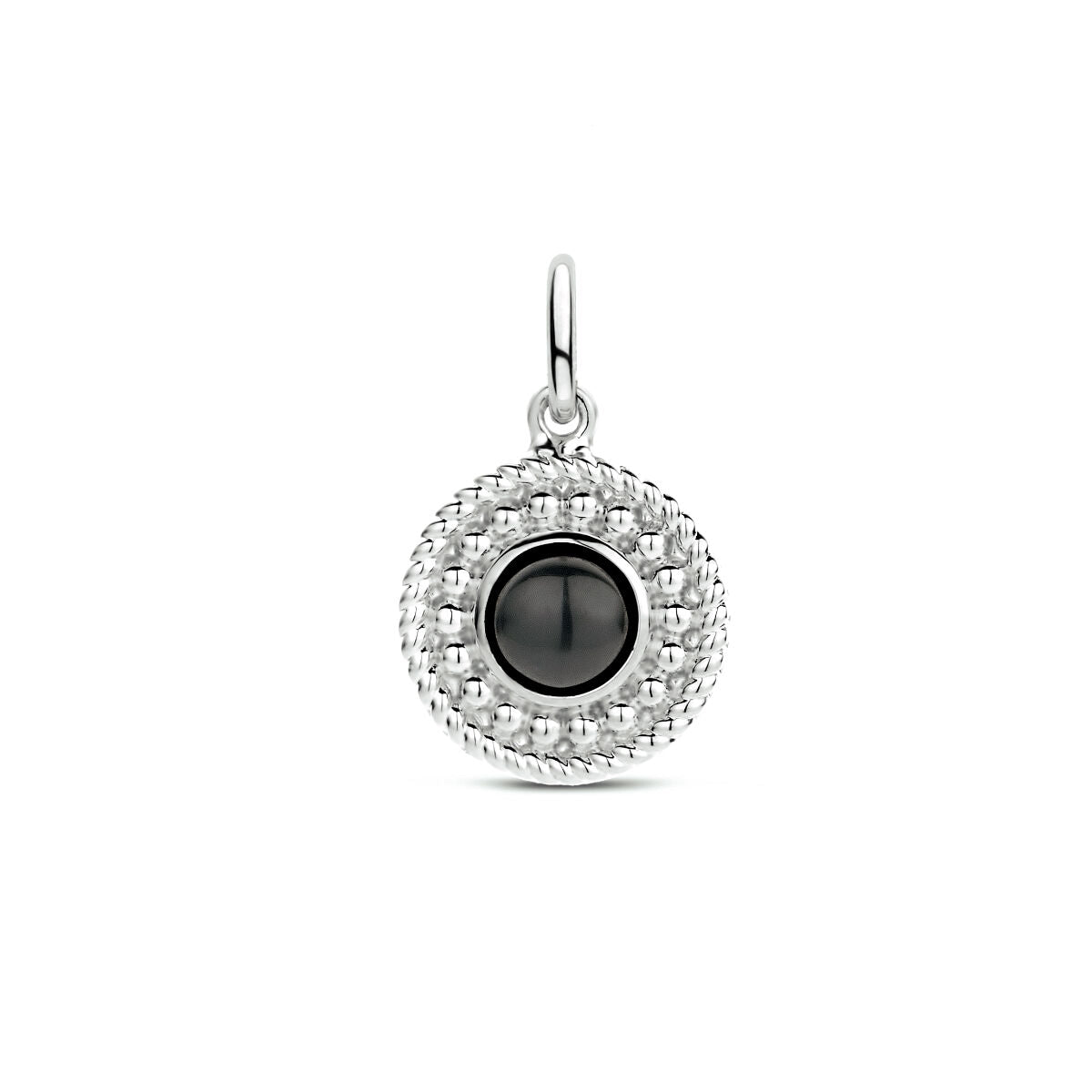Colgante redondo de ónix con detalles de circonitas en plata rodiada.