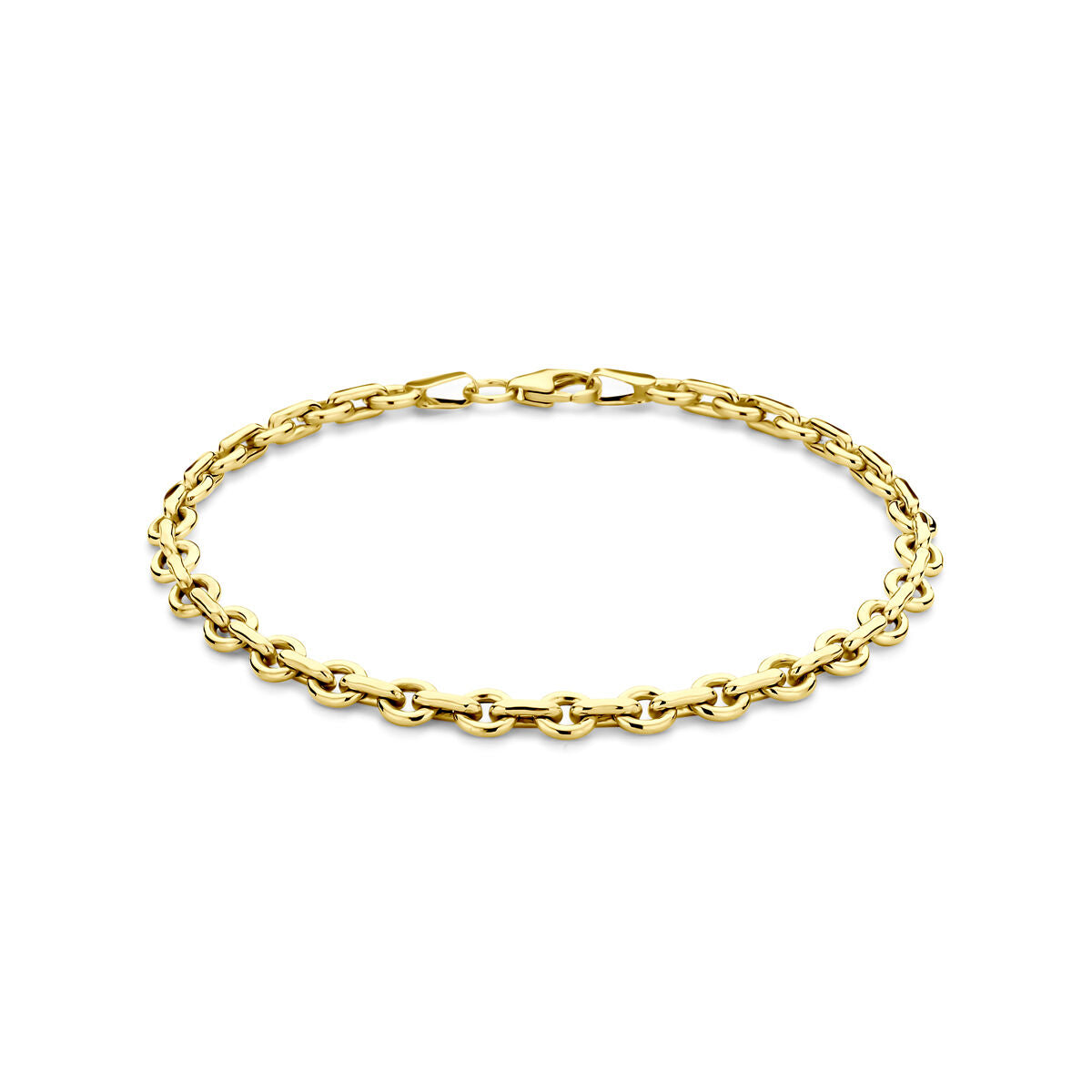 Pulsera de oro amarillo de 14k con núcleo plateado, diseño delicado y eslabones entrelazados.