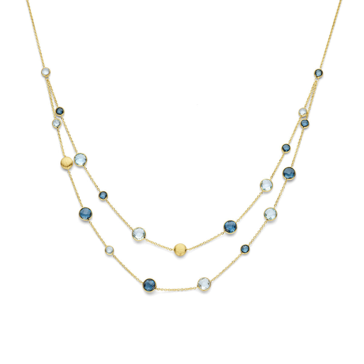 Collar de oro amarillo de 14K con topacios azul cielo y azul londres, longitud de 45 cm.