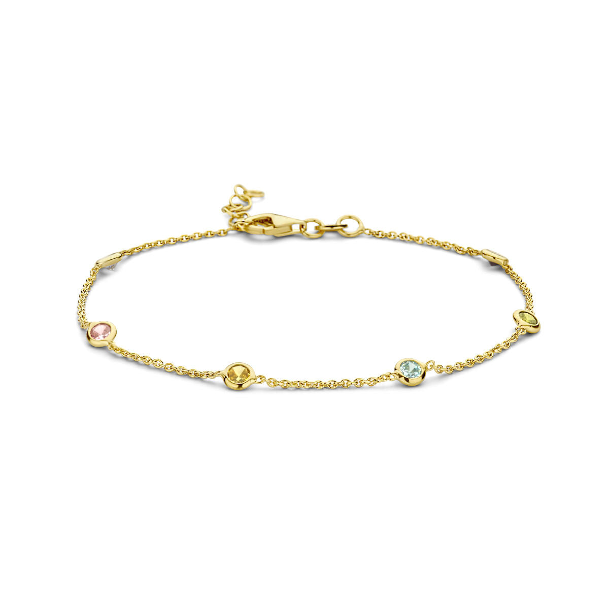 Pulsera de plata bañada en oro amarillo con varias piedras de circonita de colores.