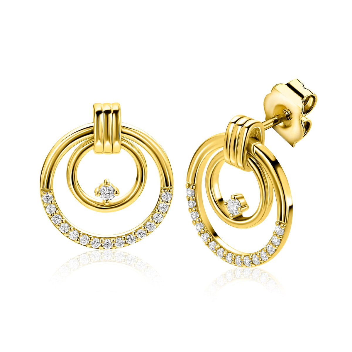 Pendientes de aro dorados con circonitas, de 21 mm, con diseño de doble círculo.