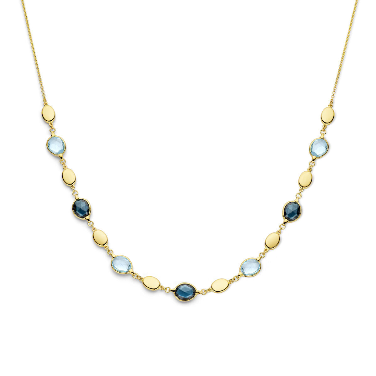 Collar de topacios azul cielo y azul londres en oro amarillo de 14K, con eslabones ovalados.