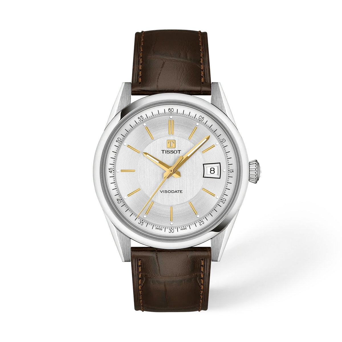 Reloj Tissot Visodate de 39 mm con esfera plateada, manecillas doradas y correa de cuero marrón.