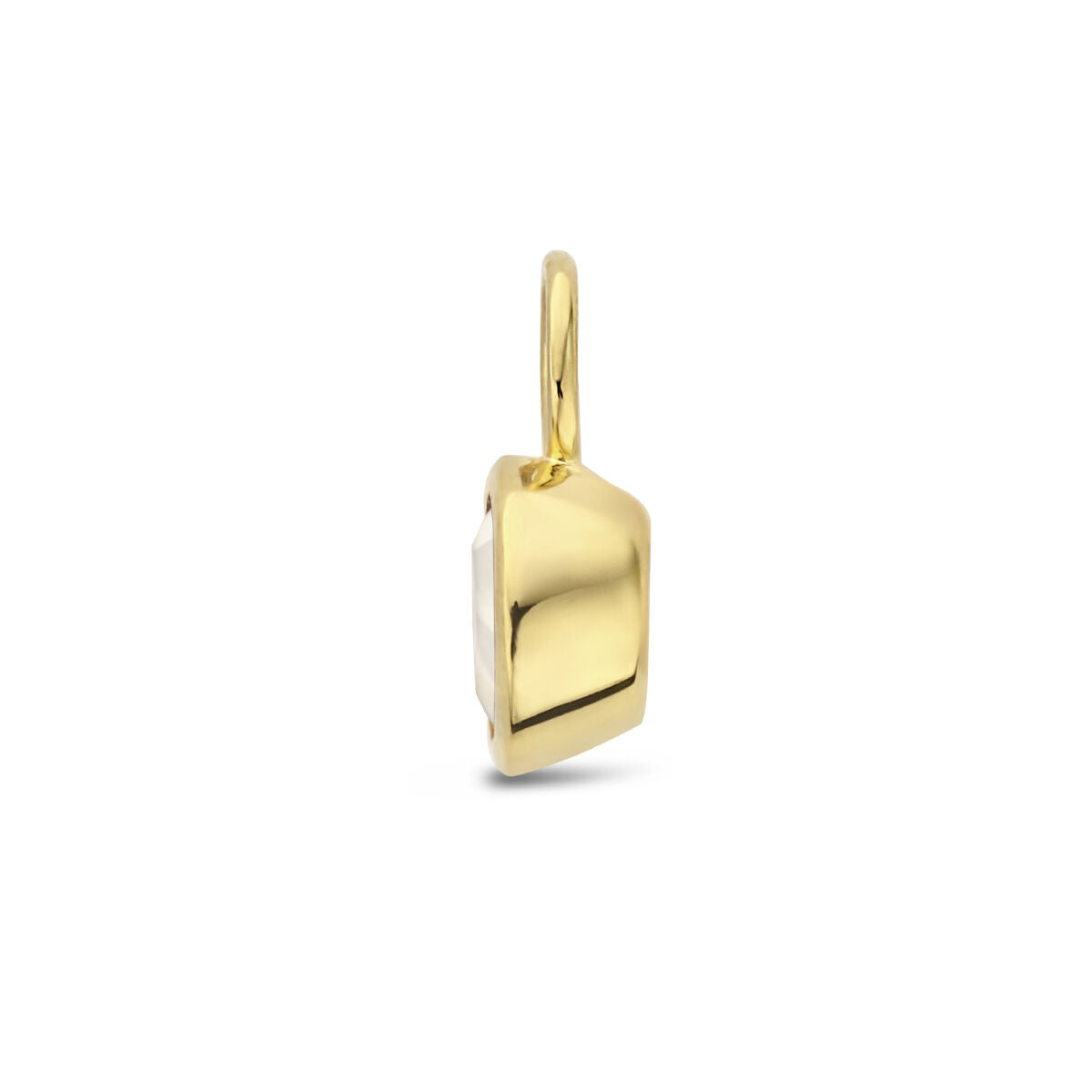 De oorhanger maansteen per stuk 14K geelgoud van Van der Kooij Collectie heeft een gladde, gepolijste afwerking en een lus aan de bovenkant voor bevestiging aan een collier of oorbel.