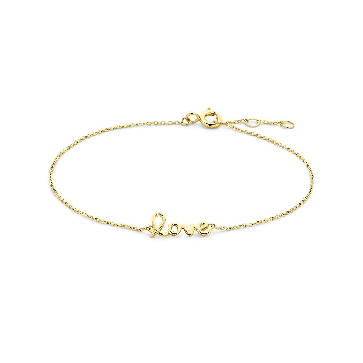 Pulsera de 14K en oro amarillo con el texto "love" en un diseño delicado.