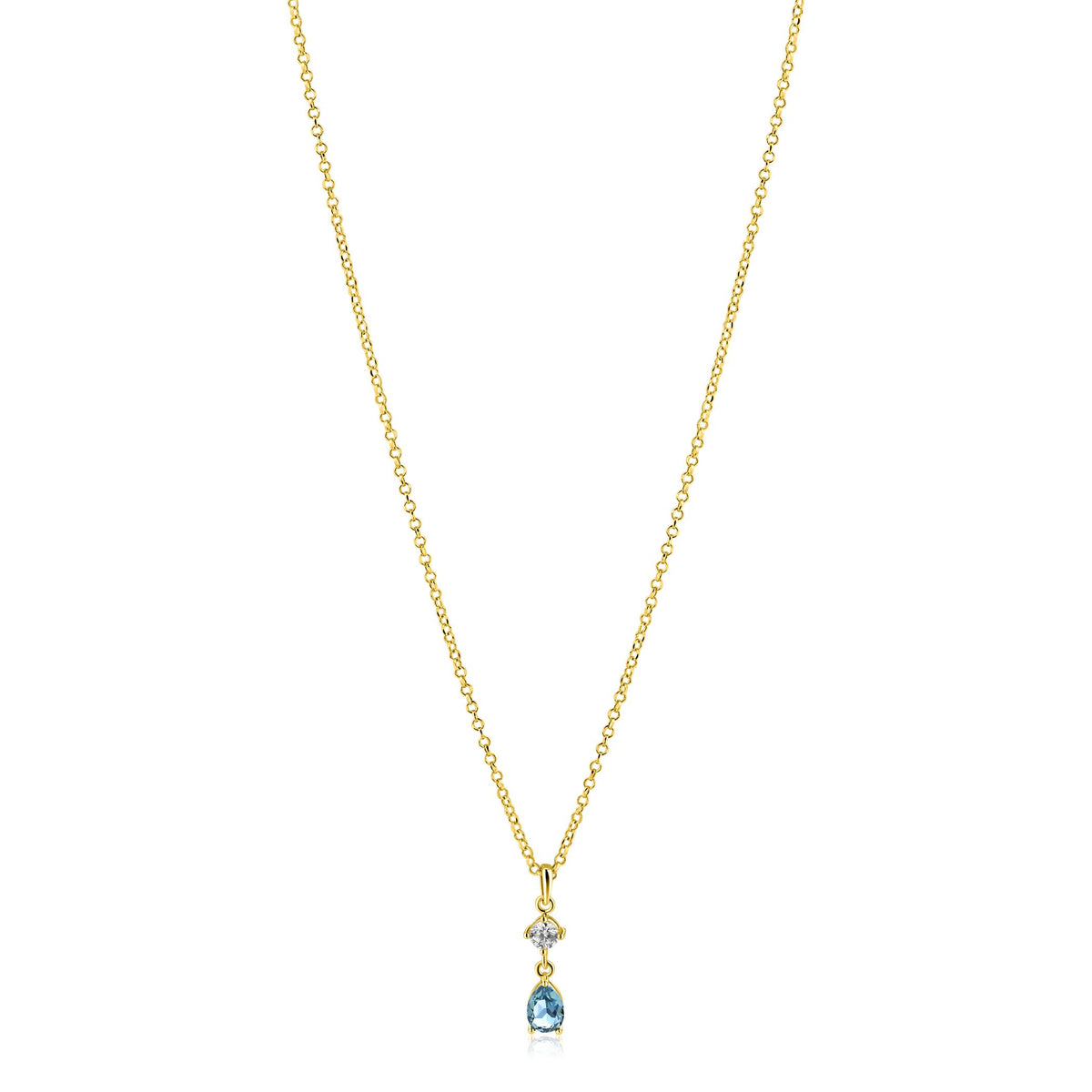 Cadena dorada con colgante en forma de gota y detalles en azul y blanco.