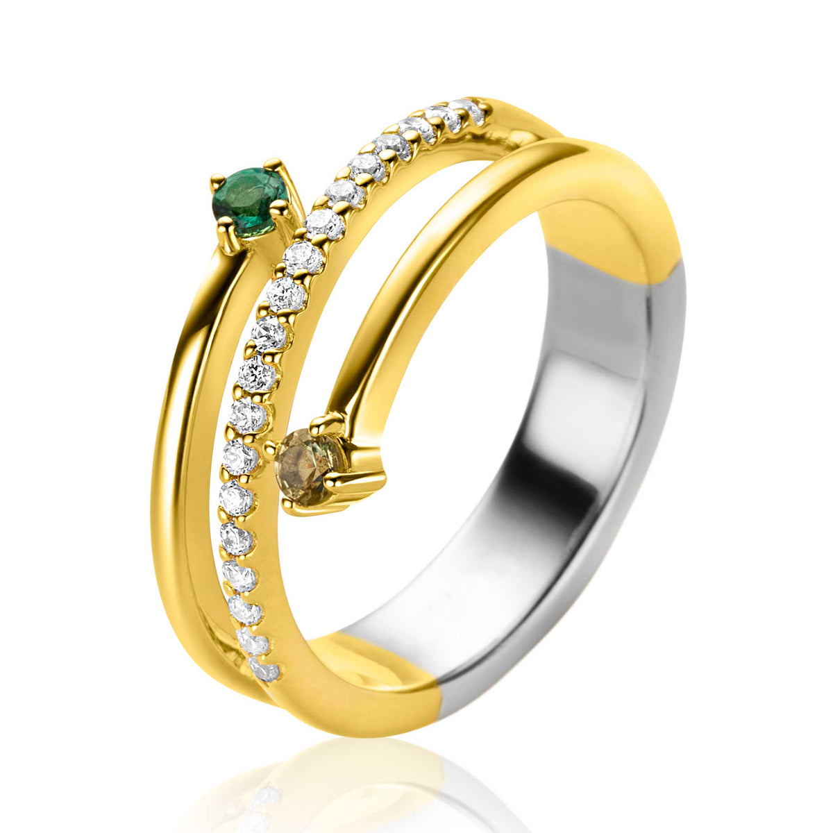Anillo de plata con detalles en dorado, adornado con piedras brillantes y una gema verde.