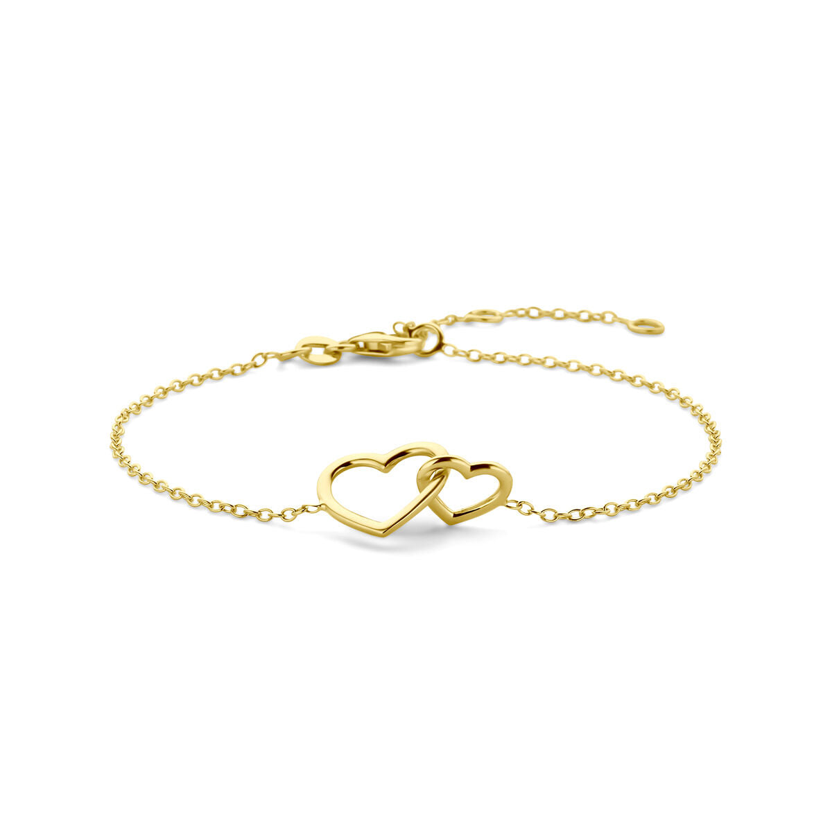 Pulsera dorada de corazones en 14K con cadena delicada y cierre ajustable.