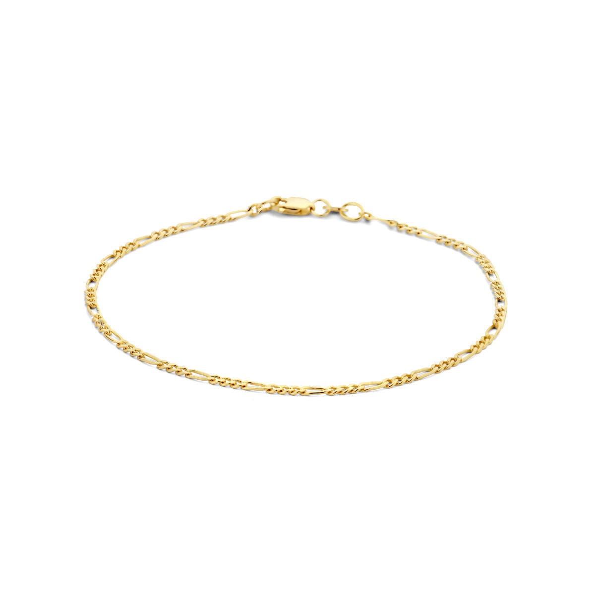 Pulsera de oro de 14K con eslabones tipo figaro, diseño delicado y brillante.