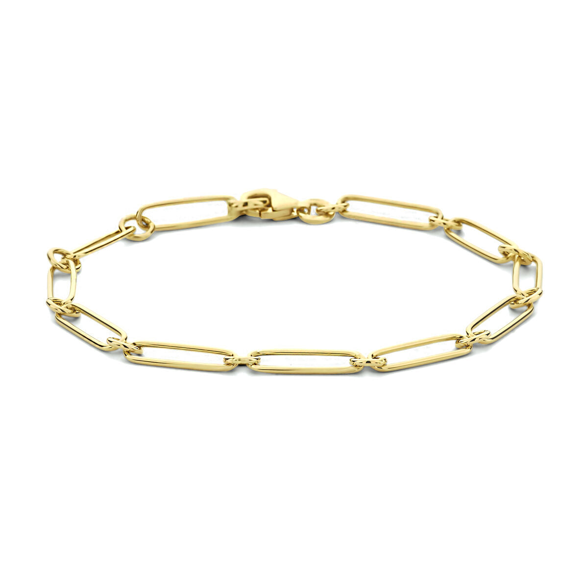Pulsera dorada de mujer con eslabones tipo paperclip en tubo plano de 14K.
