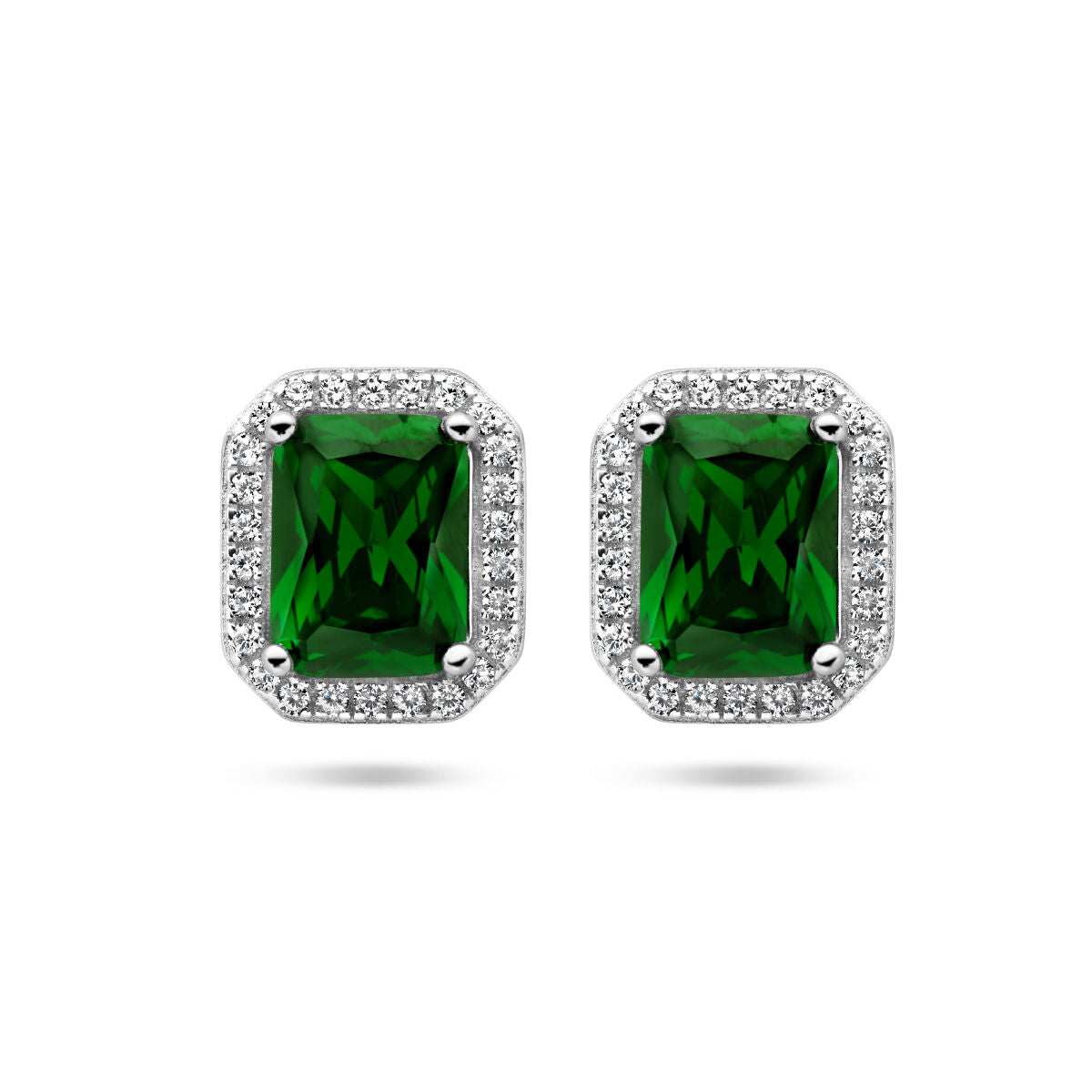 Pendientes de halo con zircón verde y blanco, en plata rodiada.