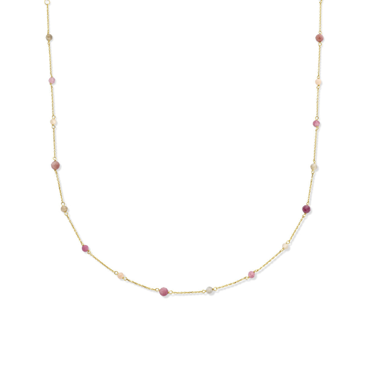 Collar de toermalina en oro amarillo de 14K, con piedras de colores en forma de esfera.
