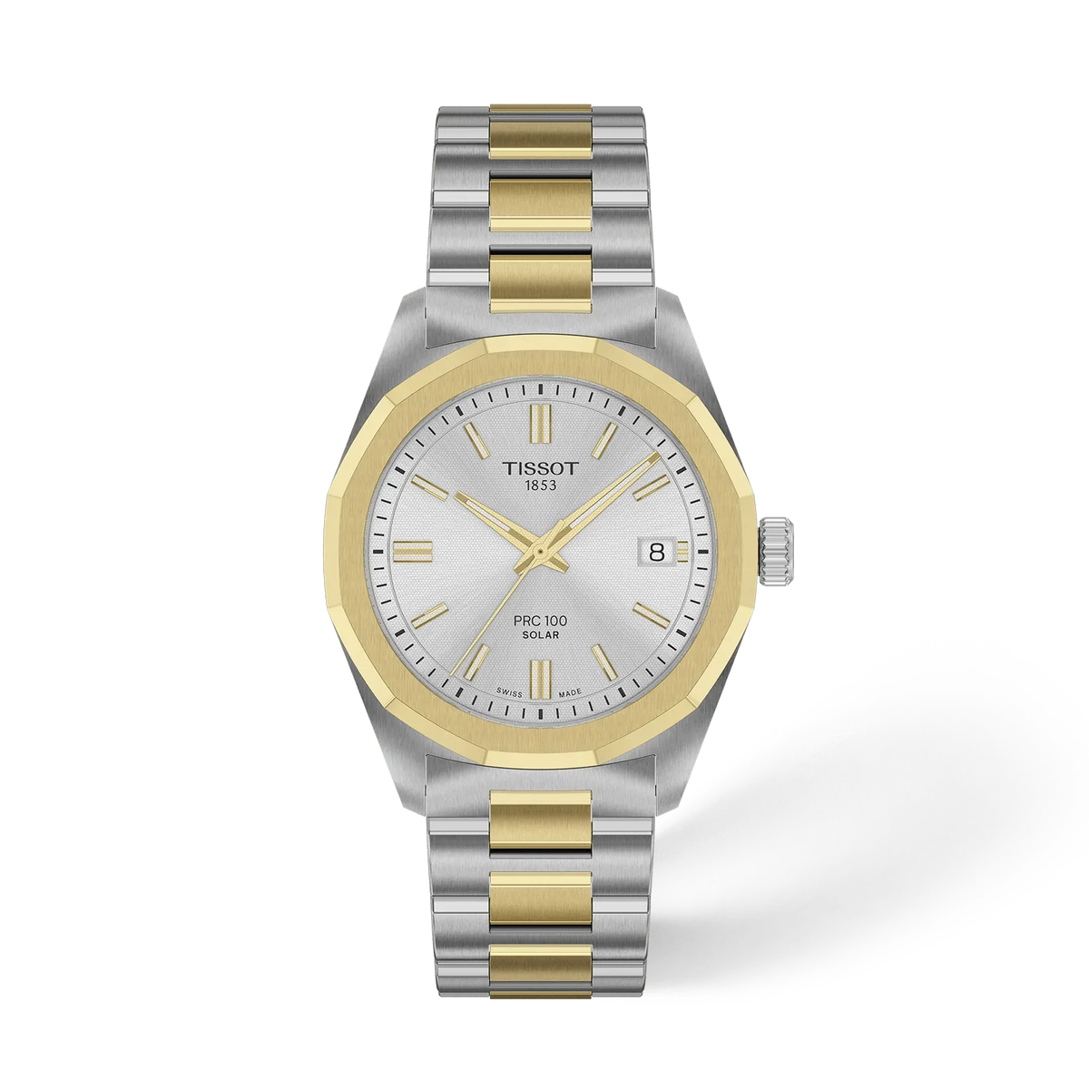 Reloj Tissot PRC 100 Solar de 34 mm con caja de acero inoxidable y bisel dorado, esfera plateada y correa bicolor.