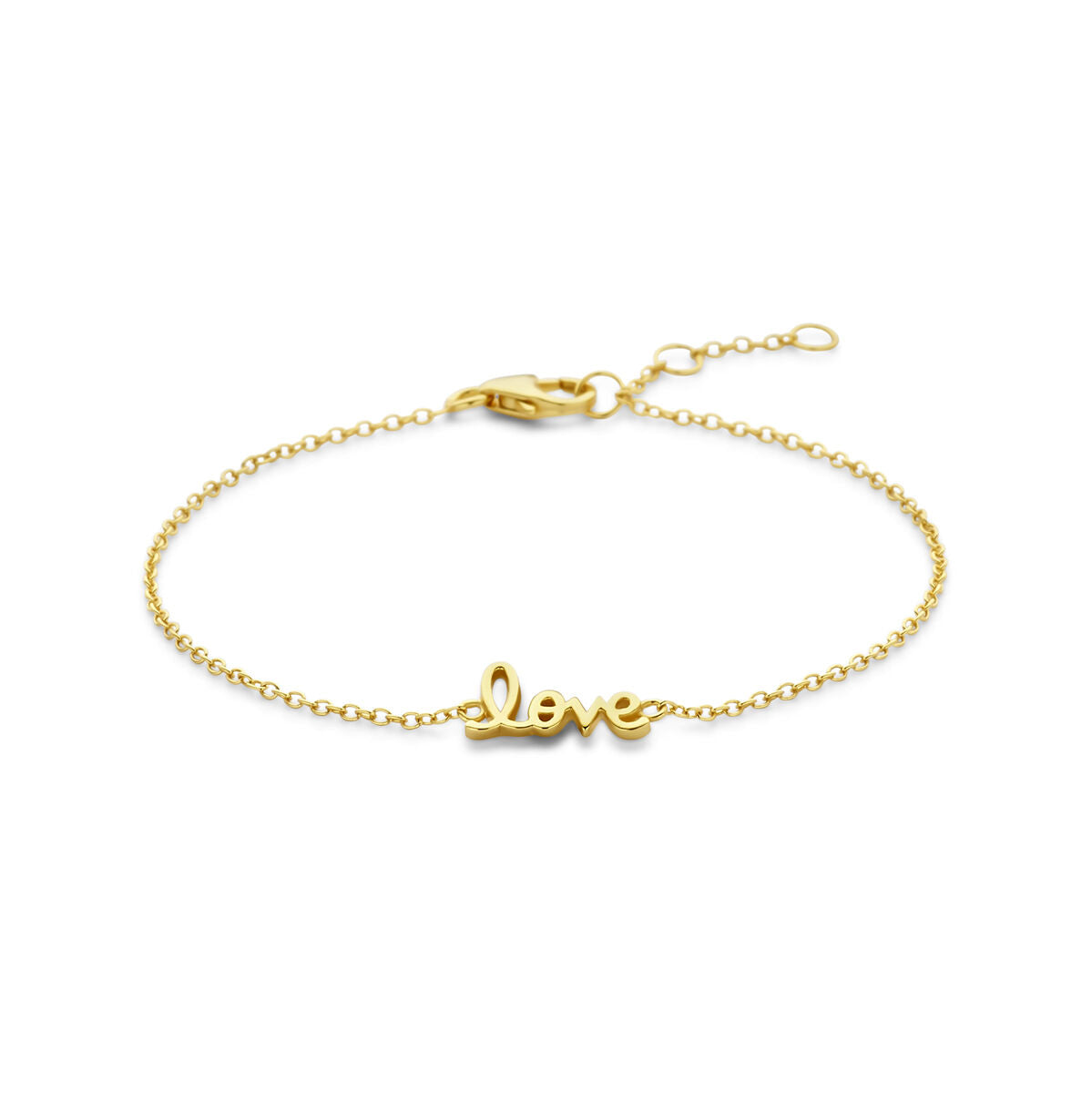 Pulsera de eslabones dorada con la palabra "love" en el centro, ajustable de 16,5 a 18,5 cm.