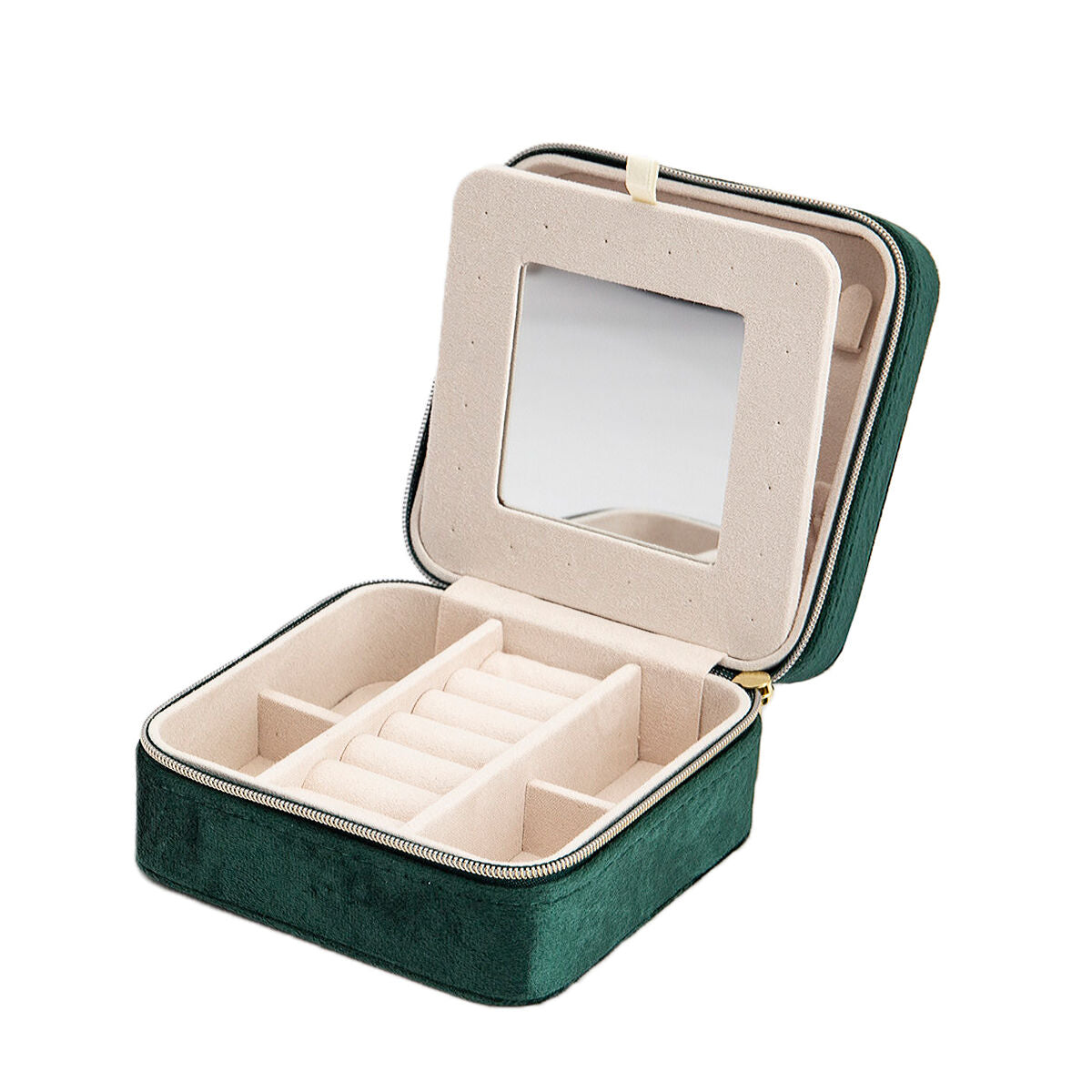 De Van der Kooij Collectie sieradenbox groen toebehoren ligt open en toont een beige interieur met vakjes voor ringen en sieraden. In het deksel is een rechthoekige spiegel verwerkt.