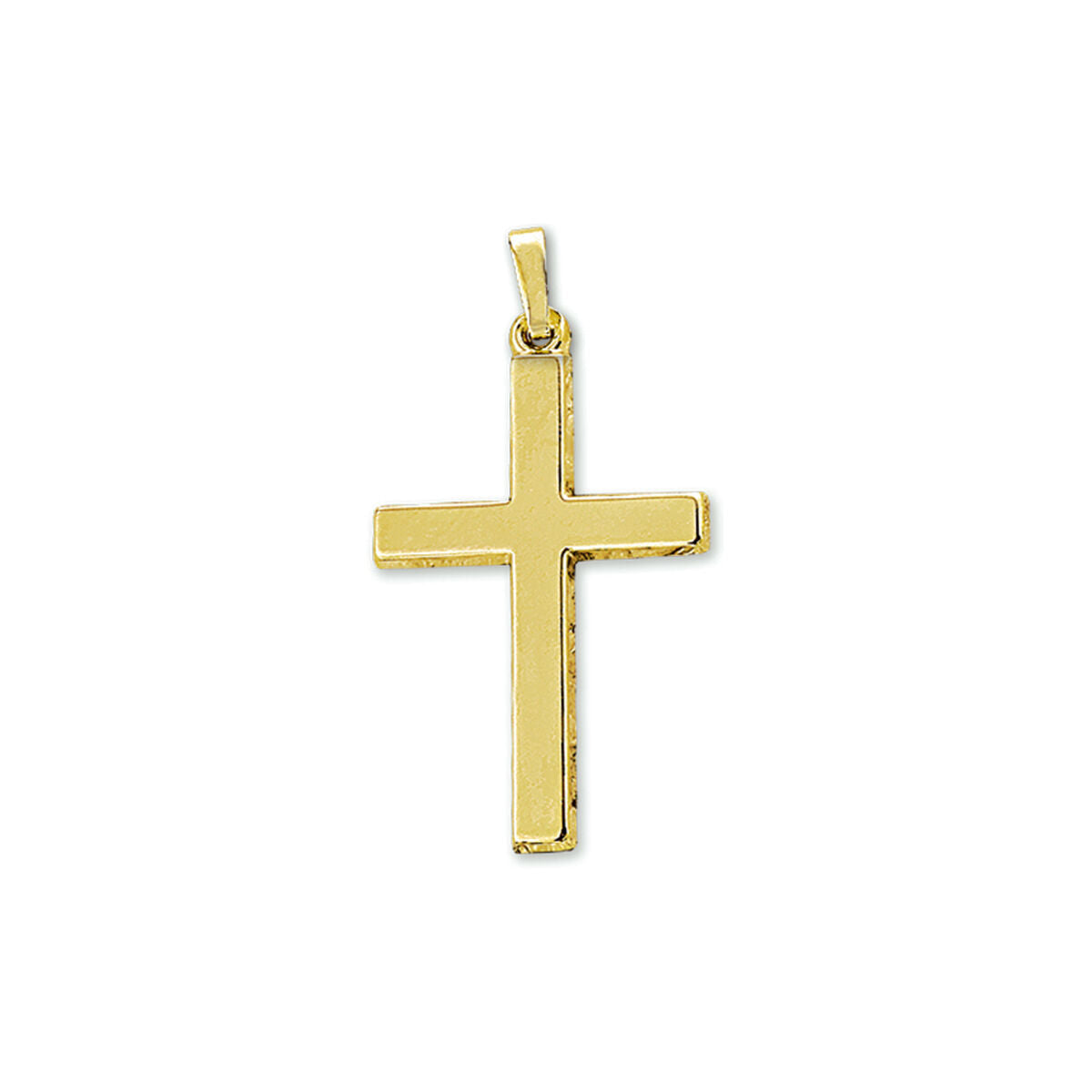 Colgante de cruz en oro amarillo de 14 quilates, con acabado pulido y diseño sencillo.