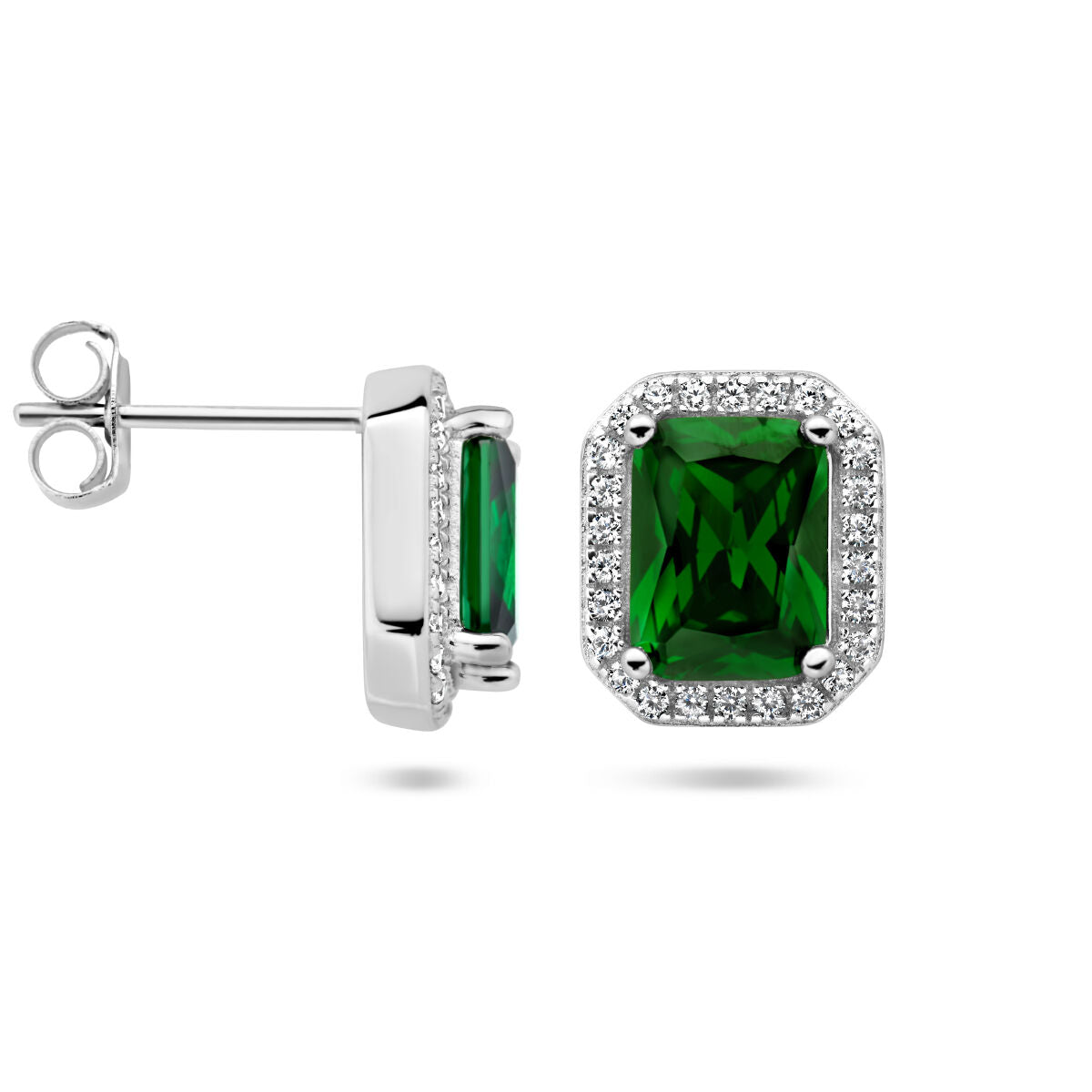 pendientes de botón verde y blanco circonita halo plata rodiada