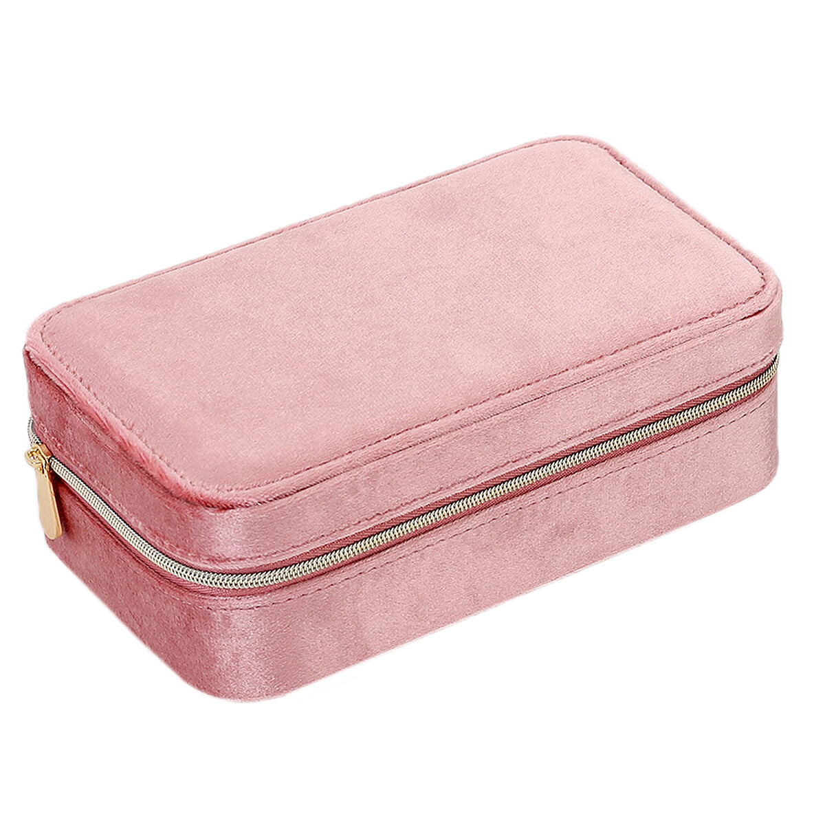Caja de joyería rosa con acabado suave y cremallera dorada.