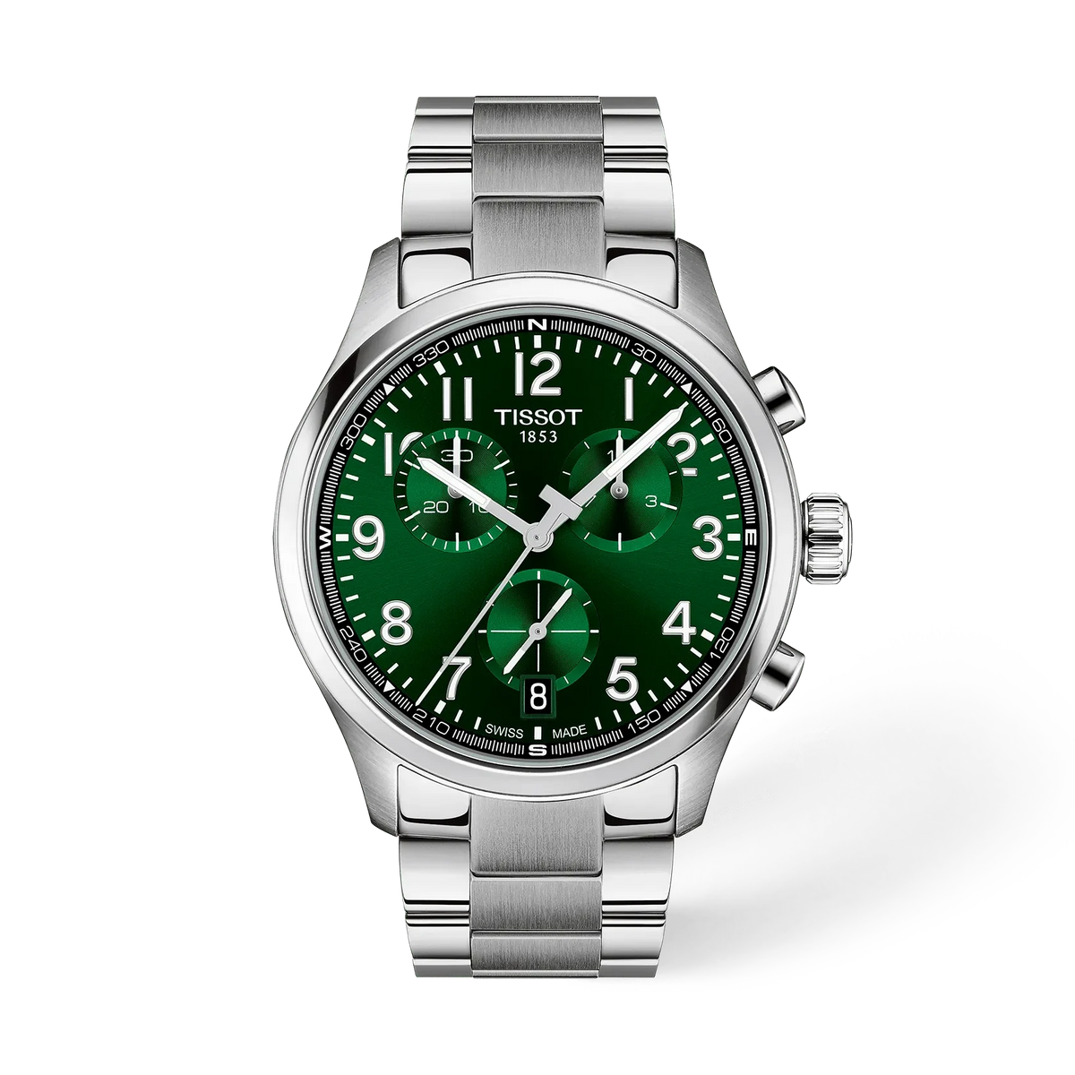 Reloj Tissot Chrono de 42 mm con esfera verde, caja de acero inoxidable y correa de acero.