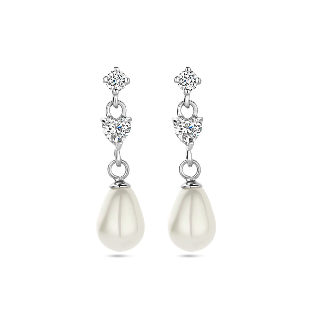 Pendientes largos de perla con zirconia en plata rodiada.