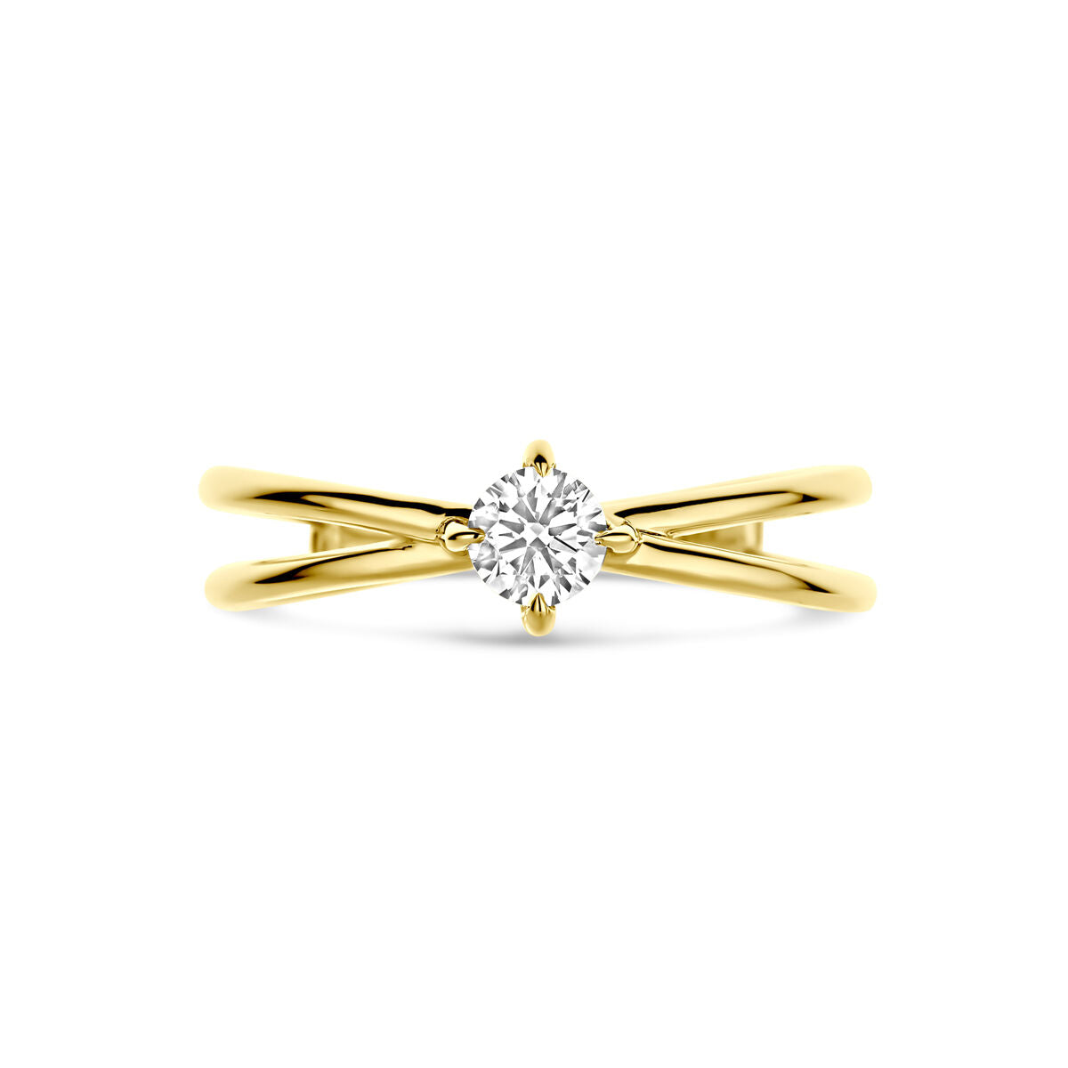 De Van der Kooij Collectie ring lab-grown diamant 0,25ct H SI in 14K geelgoud heeft een gespleten schachtontwerp met een centrale lab-grown diamant.