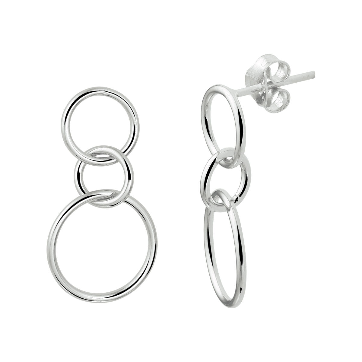 Pendientes largos de plata rhodium con diseño de círculos entrelazados.