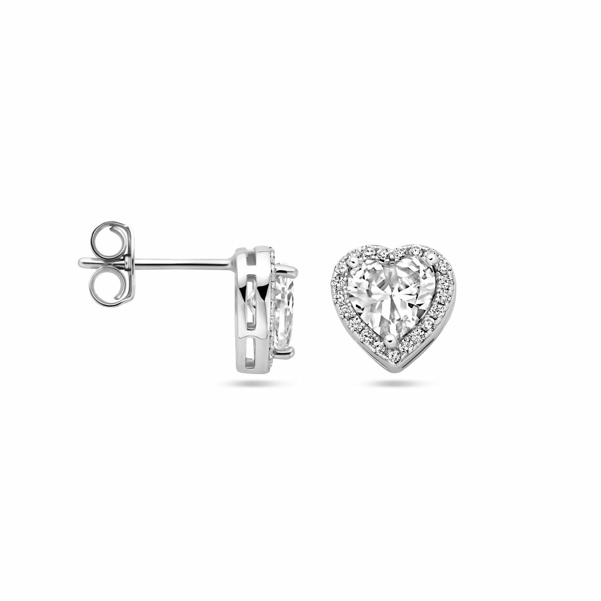 pendientes de botón corazón circonita halo plata rodiada