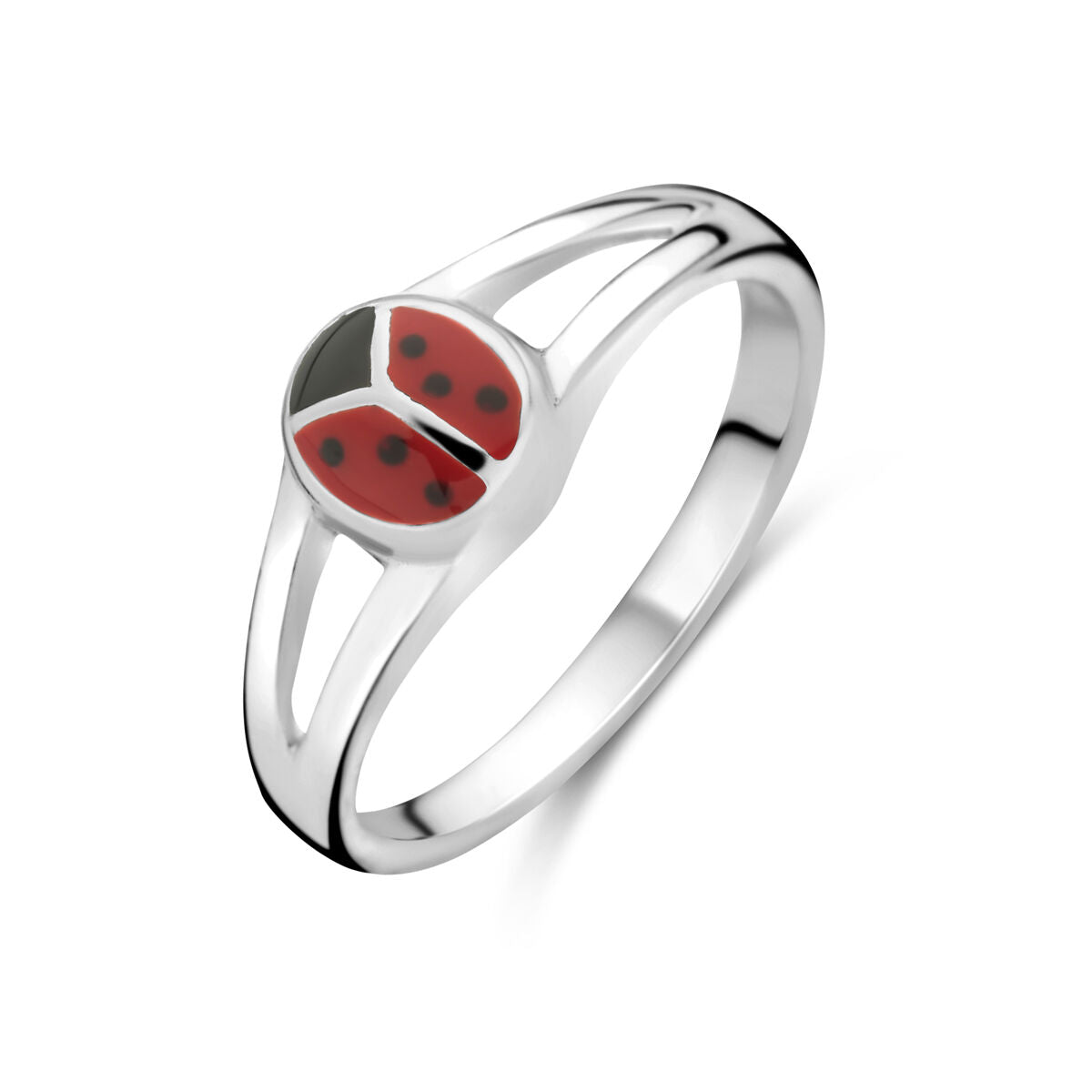 Anillo de plata con diseño de mariquita en rojo y negro.