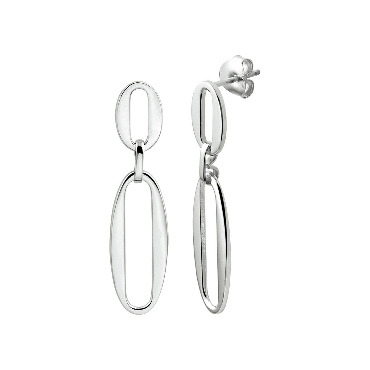 Pendientes largos de plata rhodium con forma de clip de papel, en acabado brillante.