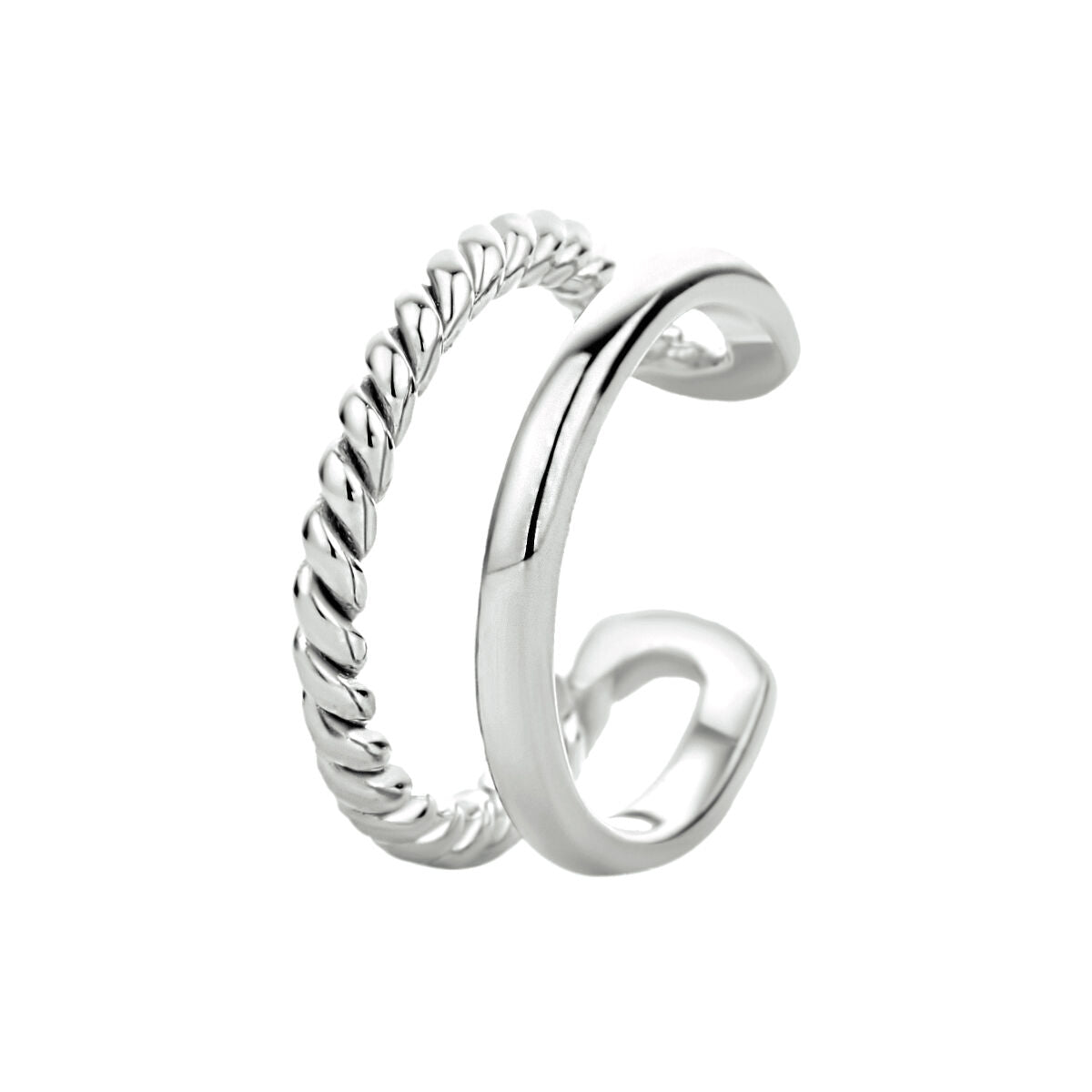 Ear cuff de plata rodiada con diseño trenzado y liso, acabado brillante.