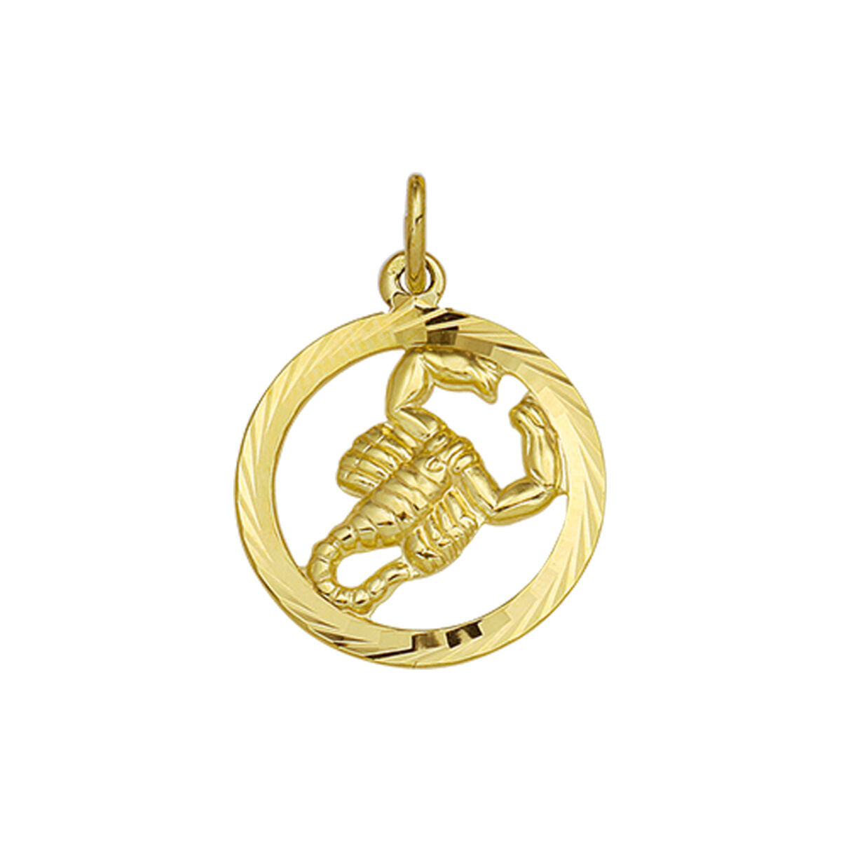 Colgante de escorpio en oro amarillo de 14K con detalles diamantados y forma circular.