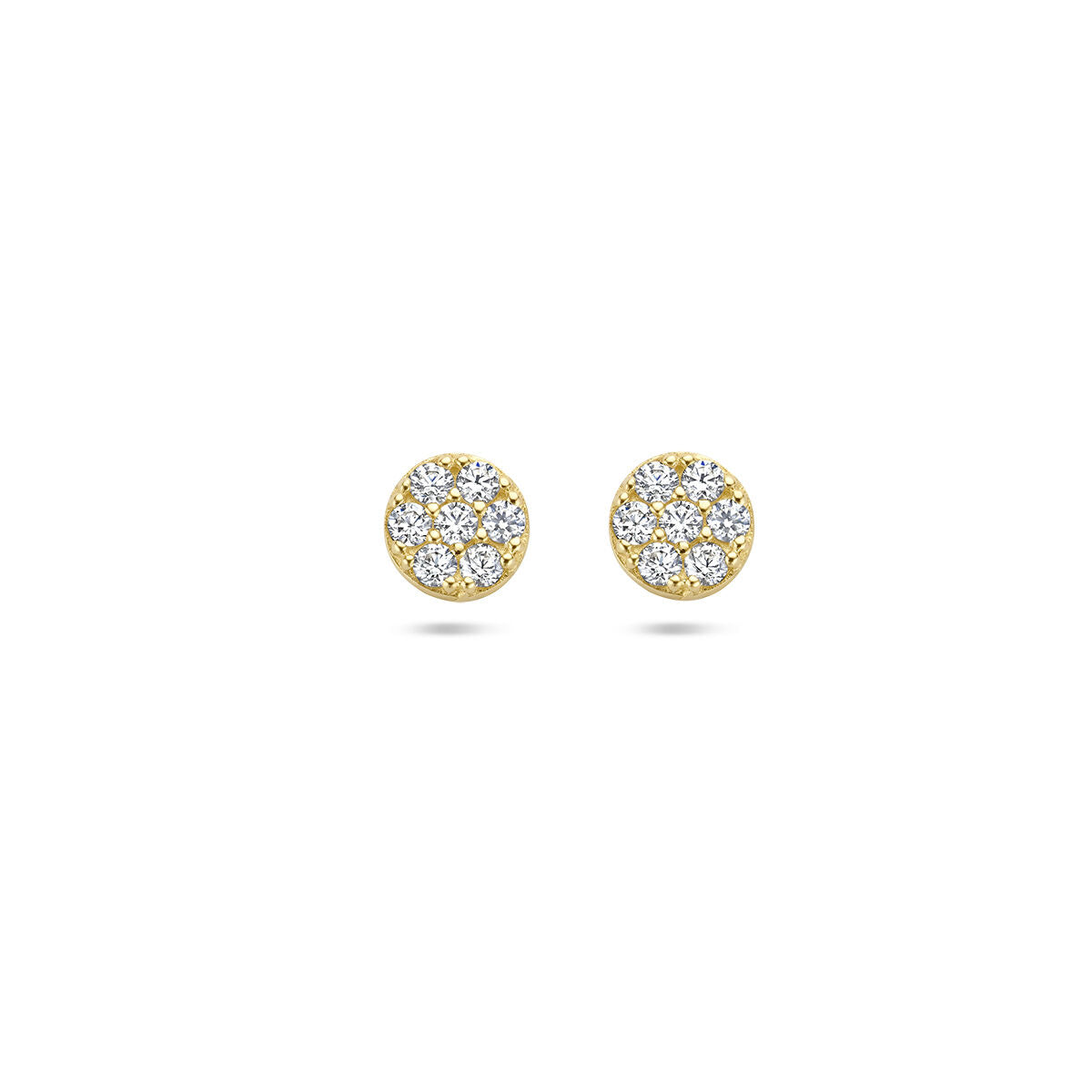 Pendientes de zircón en oro amarillo de 14K con diseño circular y detalles brillantes.