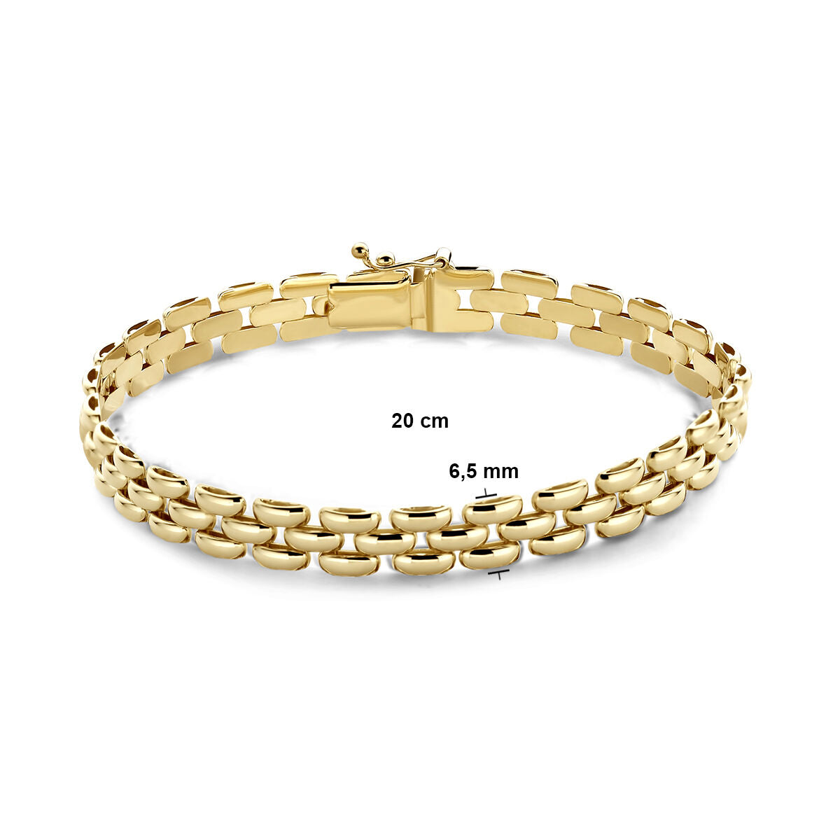 De Gouden armband dames panter 14K van Van der Kooij Collectie heeft platte, in elkaar grijpende schakels, is 20 cm lang en 6,5 mm breed-een stijlvolle en tijdloze geelgouden armband voor dames.