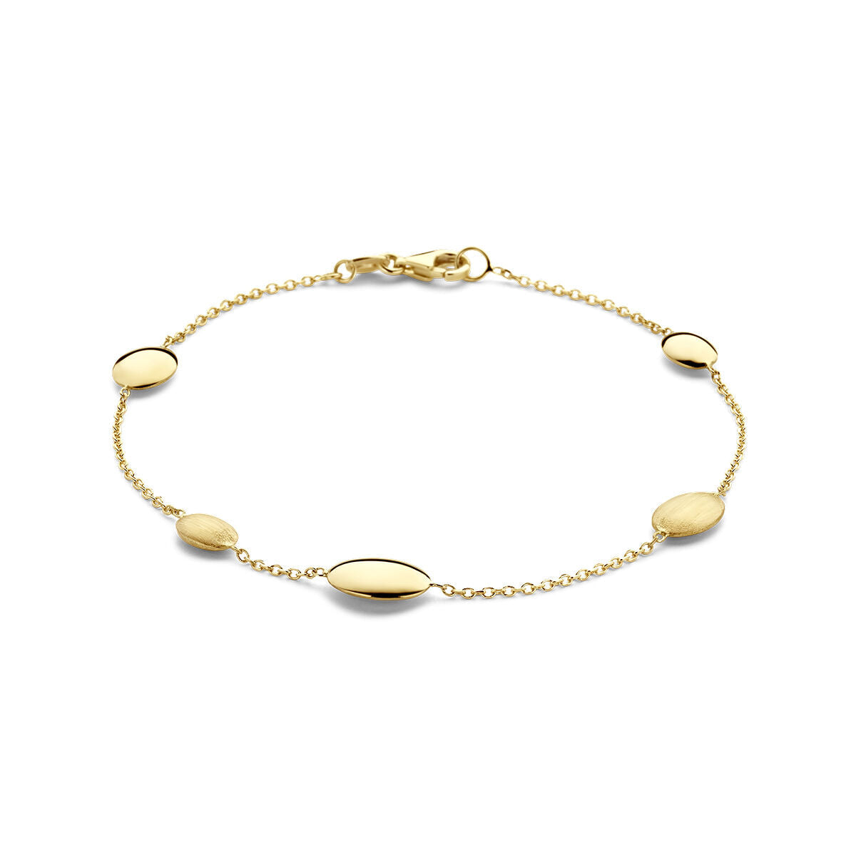 Pulsera dorada de 14K con acabado pulido y mate, con eslabones ovalados.