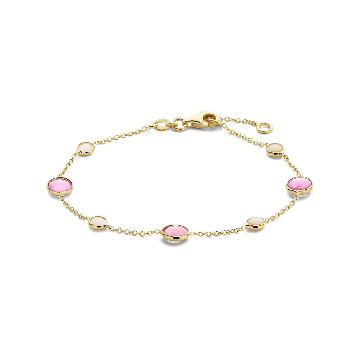 Pulsera dorada de 14K con rubí rosa y ópalo rosa, con eslabones redondos.