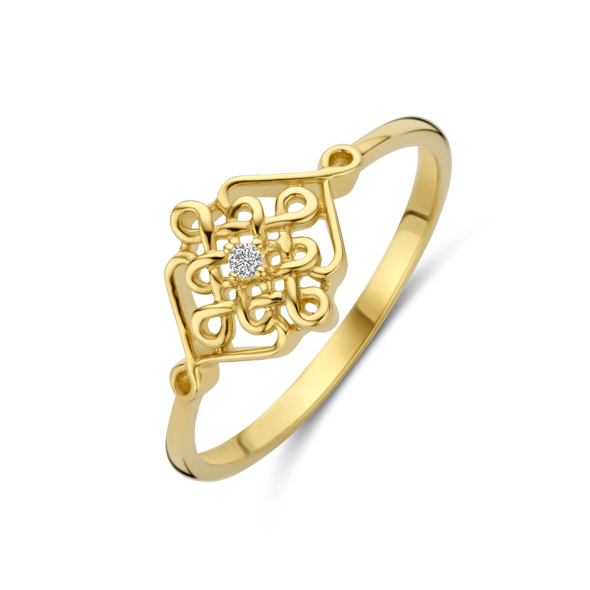 Anillo de oro amarillo de 14K con diseño entrelazado y circonita en el centro.