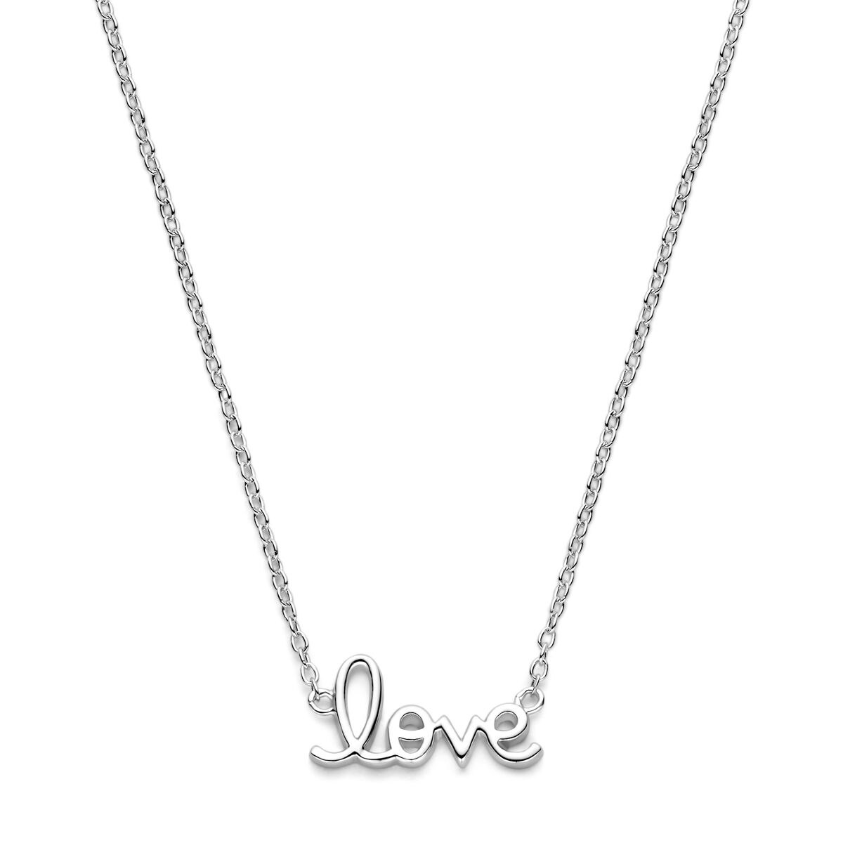 Collar de plata rodiada con la palabra "love" en un diseño delicado.