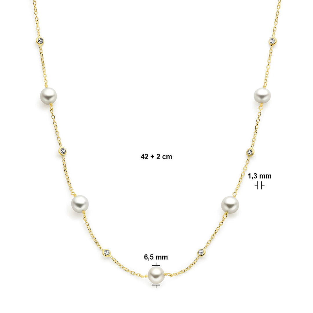 Gouden dames ketting parel en zirkonia 14K