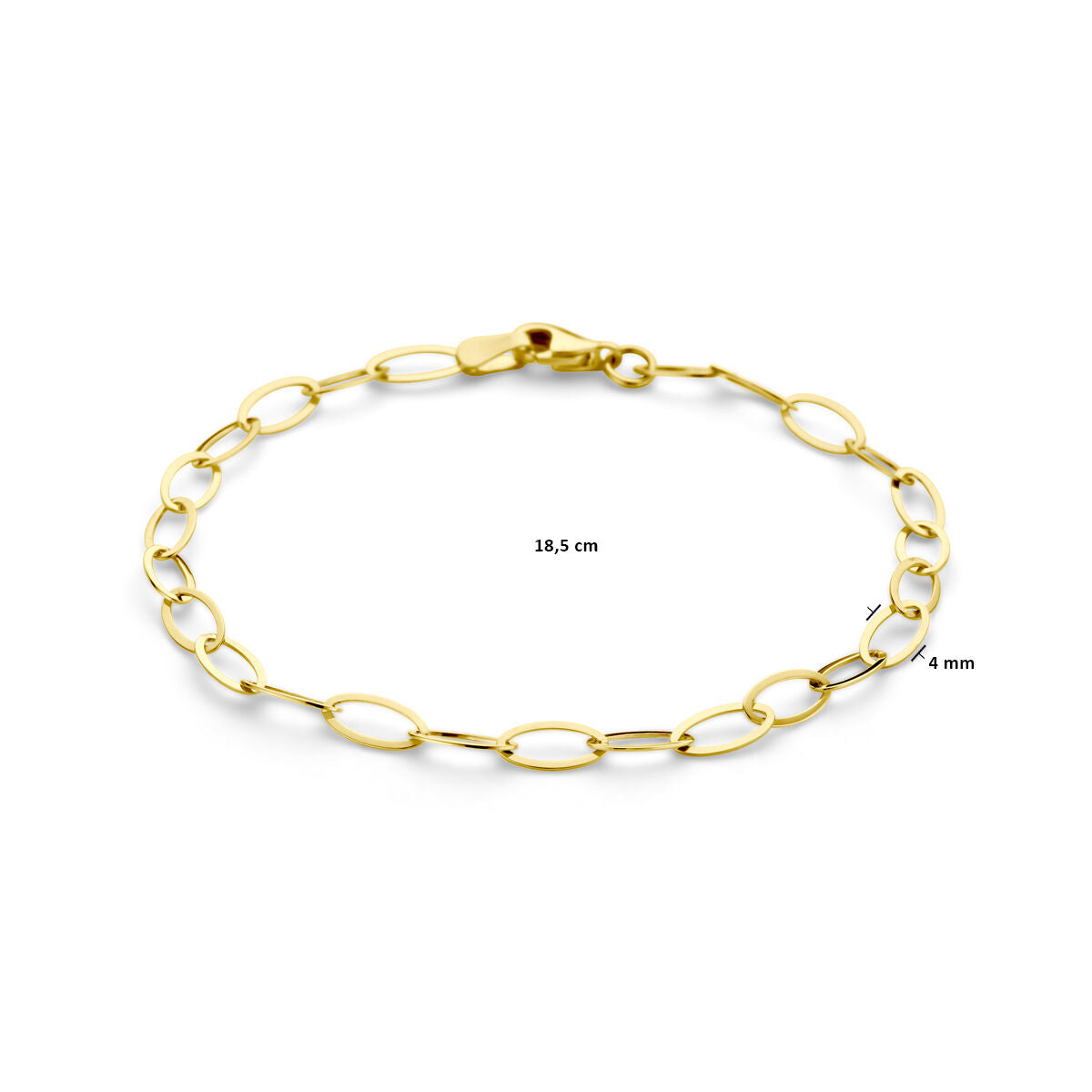 De Gouden armband dames 14K van Van der Kooij Collectie heeft langwerpige ovale schakels, een karabijnsluiting en meet 18,5 cm lang bij 4 mm breed - een elegante keuze voor elke vrouw.