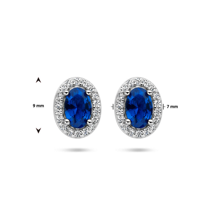 oorknoppen blauw en wit zirkonia halo zilver gerhodineerd