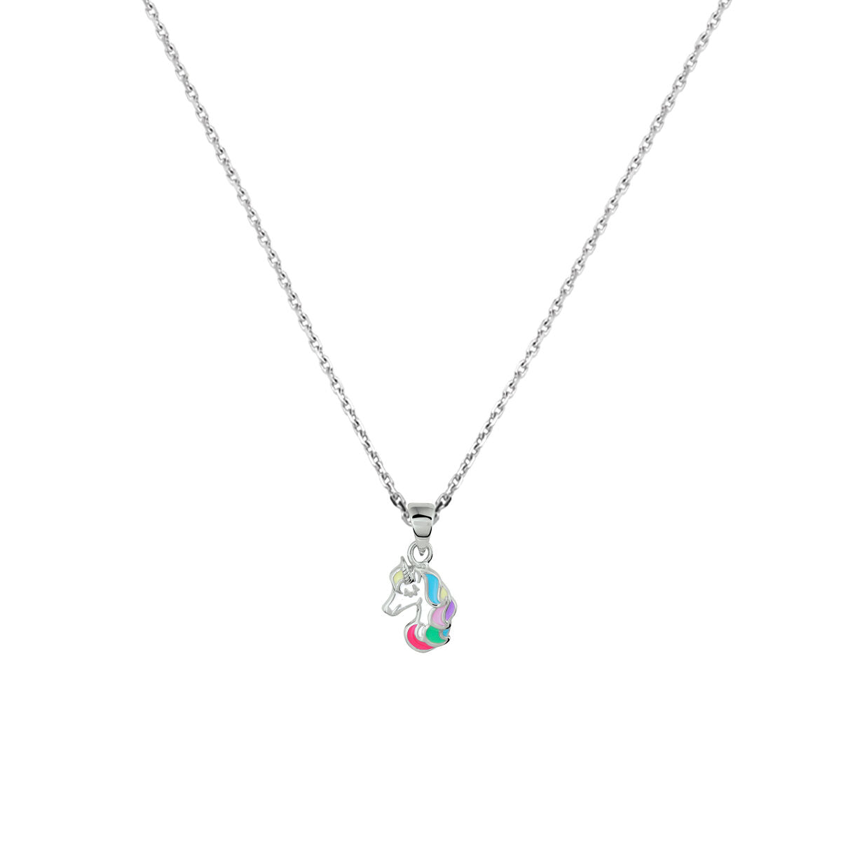 Collar de unicornio de plata rodiada con un colgante colorido.