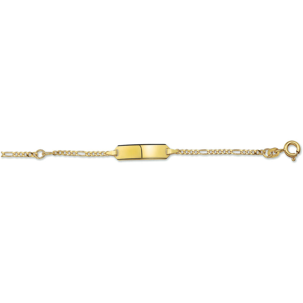 De Van der Kooij Collectie Baby armband goud figaro plaat 5,0 mm 14K is een unisex kinderarmband in 14K geelgoud met een rechthoekige plaat en Figaro schakel—ideaal als graveerarmbandje voor een persoonlijke gravering.