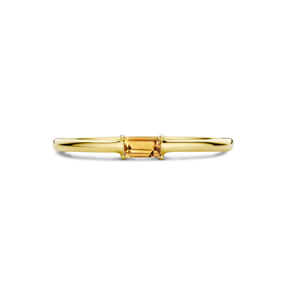De Van der Kooij Collectie ring met geboortesteen citrien november is een minimalistische 14K geelgouden damesring, voorzien van een klein rechthoekig baguette citrien edelsteen in het midden.