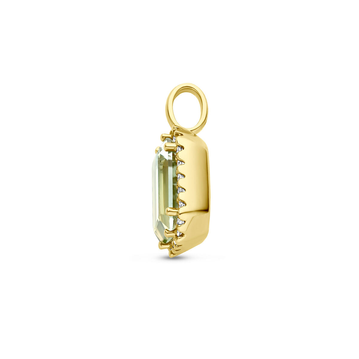 colgante de amatista verde y diamante 0.10ct h si halo en oro amarillo de 18K