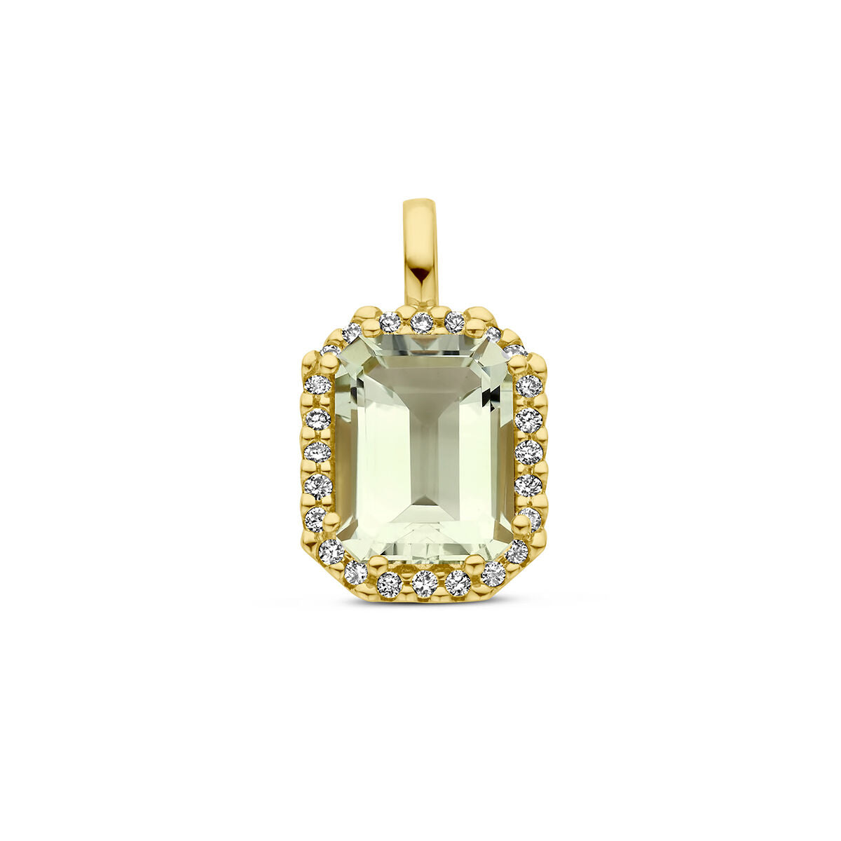 Colgante de amatista verde con diamantes de 0.10 ct en halo de oro amarillo de 18K.