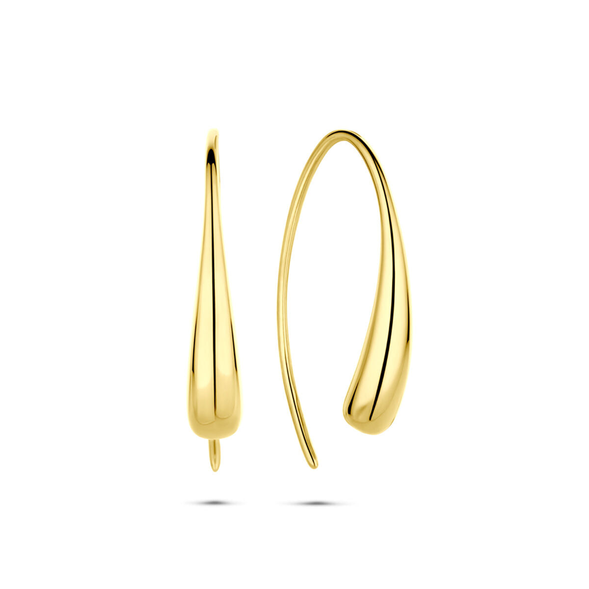 Pendientes largos de 14K en oro amarillo con forma de gota y acabado brillante.